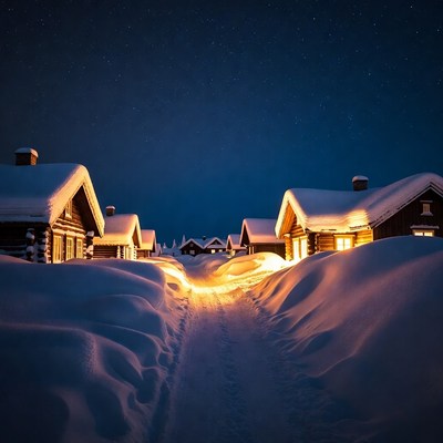Snowy Wooden Cabins Under Starry Night Sky