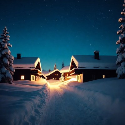 Snowy Cabins Lit at Night