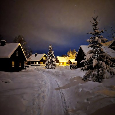 Snowy village houses under starry night sky
