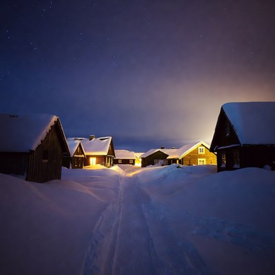 Snowy Cottages Under Starry Night Sky