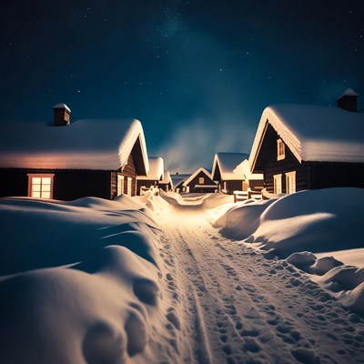 Snowy Cabins Under Starry Night Sky
