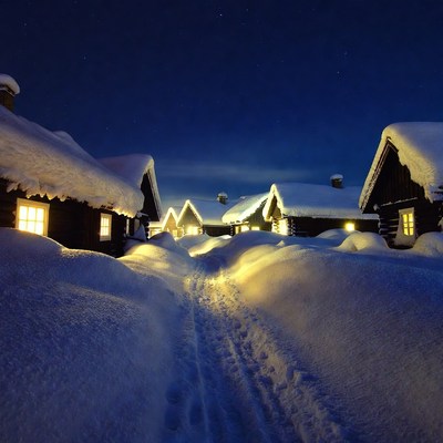 Snowy Wooden Cabins Under Starry Night Sky