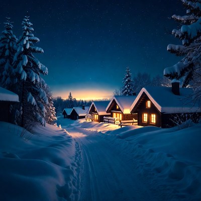 Snowy Cabins Lit at Night