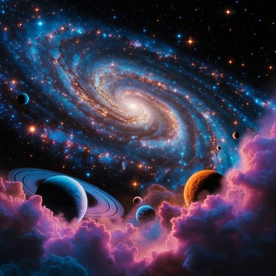 Vibrant Spiral Galaxy with Planets