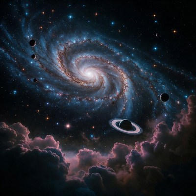 Spiral Galaxy with Planets and Saturn