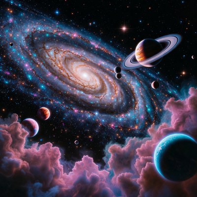 Vibrant Spiral Galaxy with Planets