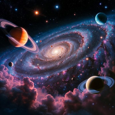 Vibrant Spiral Galaxy with Planets