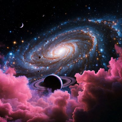 Spiral Galaxy with Saturn and Pink Clouds