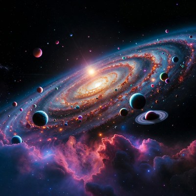 Vibrant Spiral Galaxy with Planets