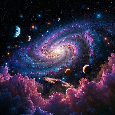 Vibrant Spiral Galaxy with Planets
