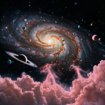 Vibrant Spiral Galaxy with Saturn and Pink Clouds