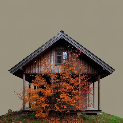 Wooden Cabin with Autumn Maple