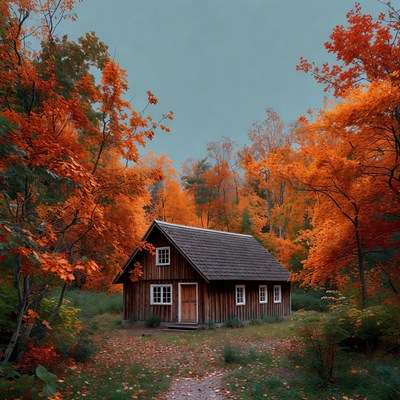 Cozy Wooden Cabin in Autumn Forest