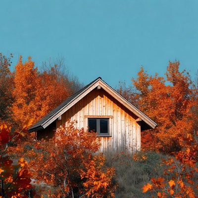 Wooden Cabin in Autumn Forest