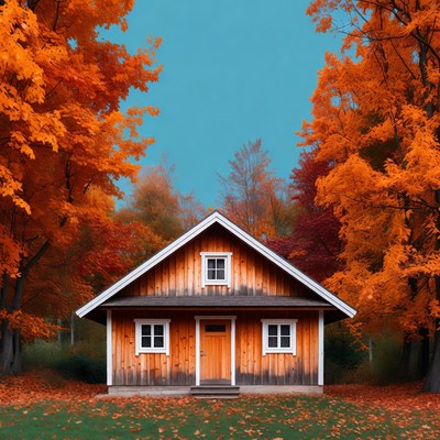 Wooden house surrounded by autumn trees