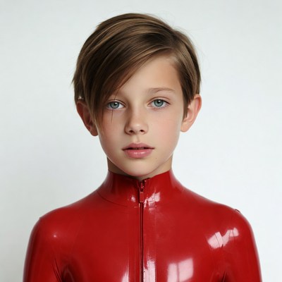 Boy in red latex suit