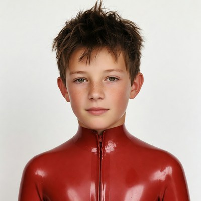 Boy in shiny red latex suit