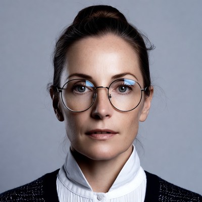 Woman wearing glasses and white collar