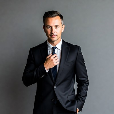 Man adjusting tie in suit