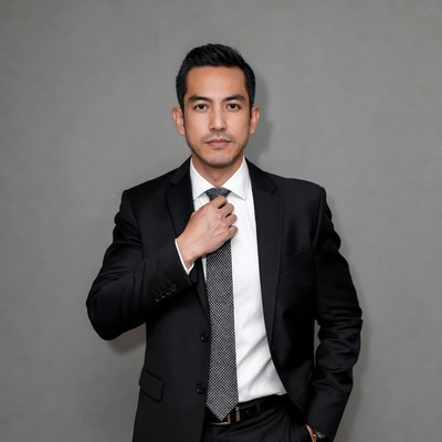 Asian man adjusting tie in suit