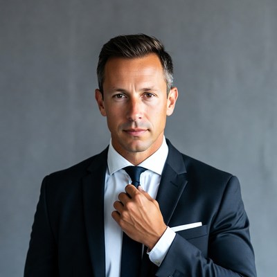 Man adjusting tie in suit