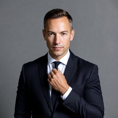 Man adjusting black tie suit