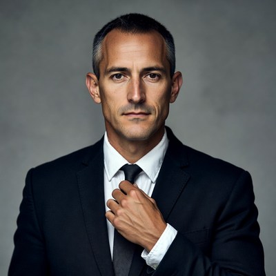 Man adjusting tie in suit