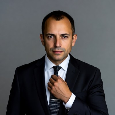 Man adjusting tie in suit