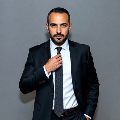 Man adjusting black tie in suit
