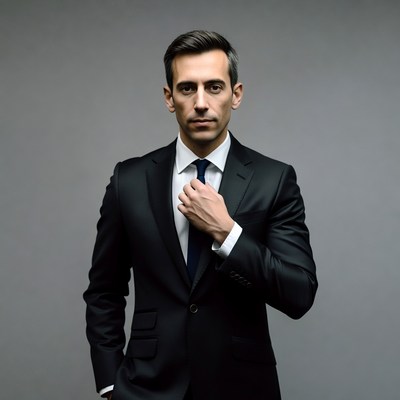 Man in black suit adjusting tie