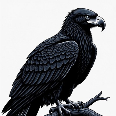 Black eagle perched on branch