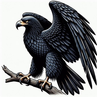 Black eagle perched on branch