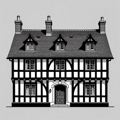 Black and White Tudor House Illustration
