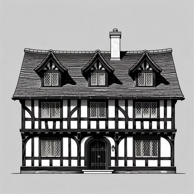Black and White Tudor House Illustration