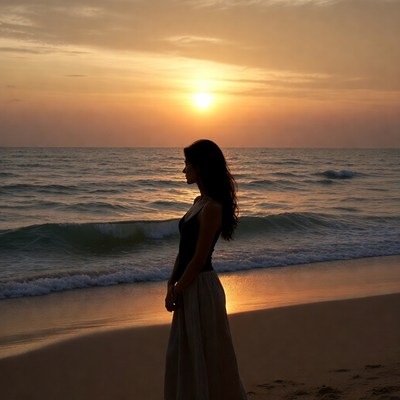 Silhouette woman at sunset beach