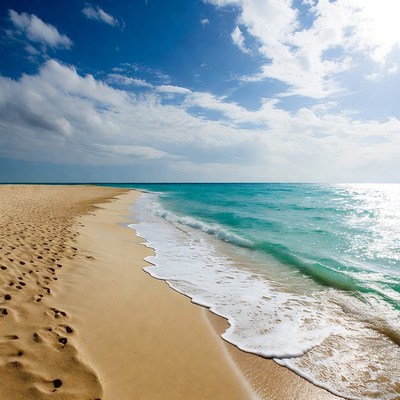 Sandy Beach with Footprints and Turquoise Waves