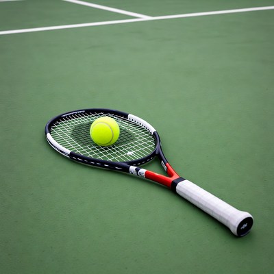 Tennis racket and ball on court