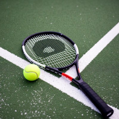 Tennis racket and ball on court
