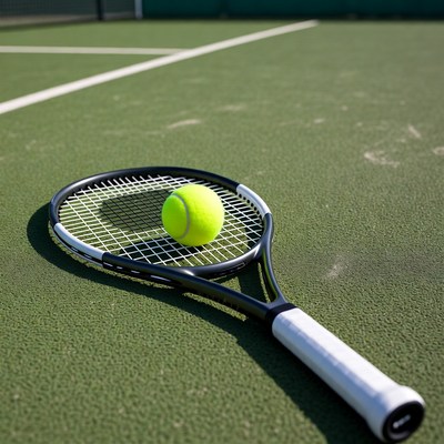 Tennis racket and ball on court