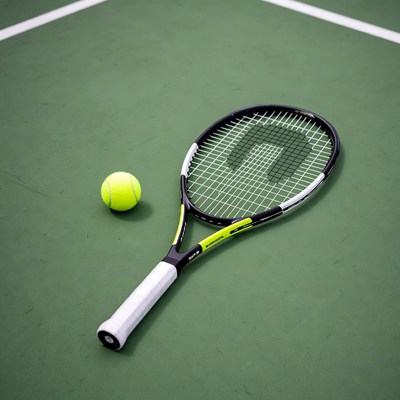 Tennis racket and ball on court