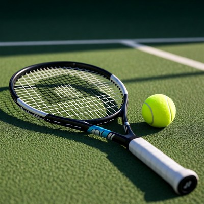 Tennis racket and ball on court