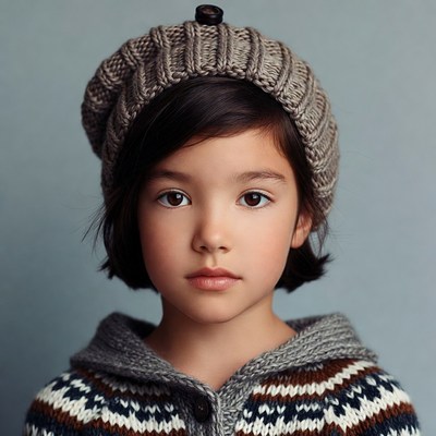 Asian girl in knit beret and sweater