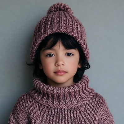 Asian girl in pink knit hat sweater