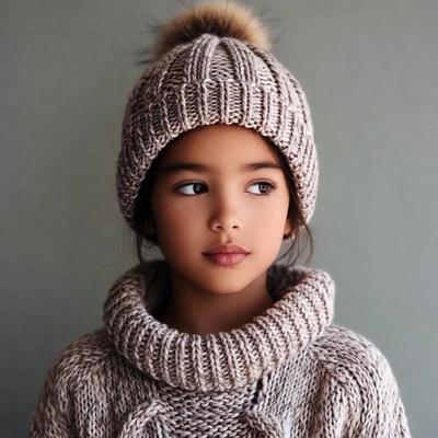 Asian girl in knitted beanie sweater