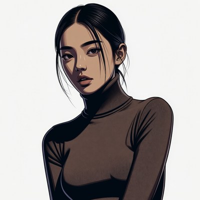 Asian woman in brown turtleneck