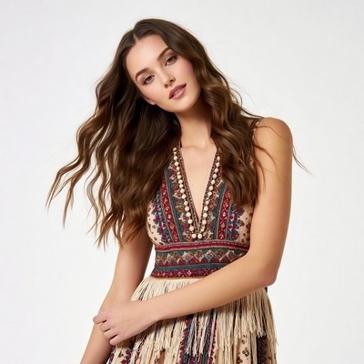 Woman in embroidered fringed dress