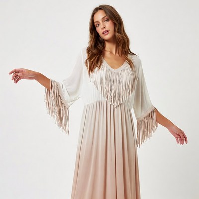 Woman in fringed white dress