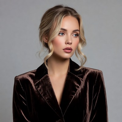 Blonde woman in brown velvet blazer