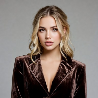 Blonde woman in brown velvet blazer