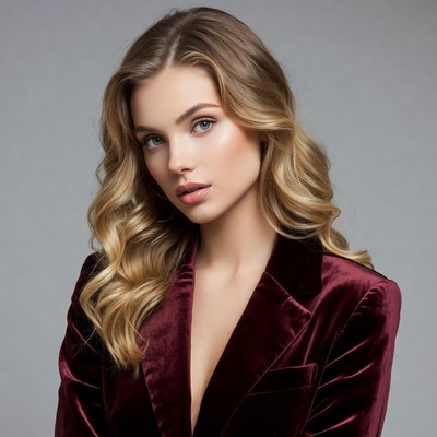 Blonde woman in red velvet blazer